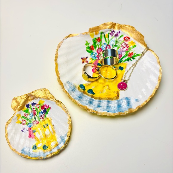 Hand Crafted Jewelry - Handmade “mommy & me” shell ring dish pair with hand  painted design.